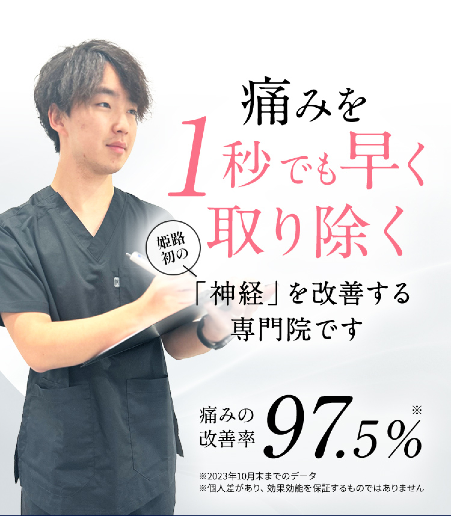 痛みを1秒でも早く取り除く 姫路初の「神経」を改善する線も人です 痛みの改善率97.5%